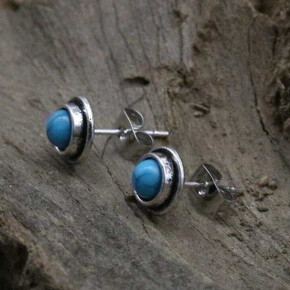Turquoise and Silver Stud Earrings - Picture 2 of 2